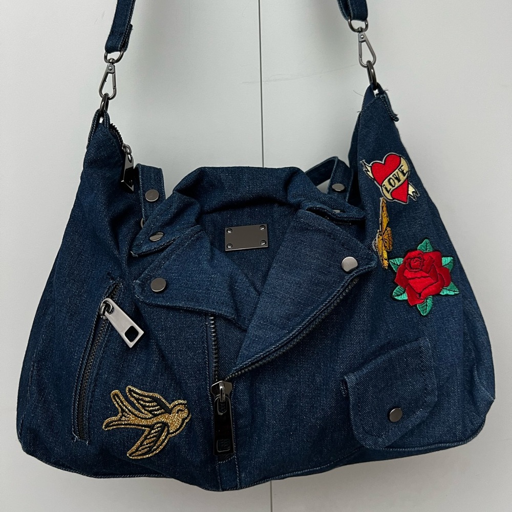 Stylish Denim Shoulder Bag with Embroidered Patches - Picture 4 of 13